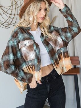 Oli & Hali Bleach Ombre Plaid Flannel Shirt/Shacket